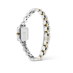 Rear view of the Quadro Mini Arch 3-Link Two Tone Gold, showing the stainless steel case back and polished two tone gold and silver 3-link bracelet with a secure butterfly clasp.