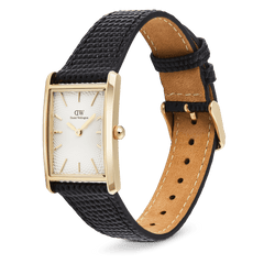 Bound Black Lizard Guilloché Gold men's watch featuring a rectangular gold-toned case, white textured guilloché dial, and a black lizard grain leather strap with a gold pin buckle, designed for versatile everyday wear.