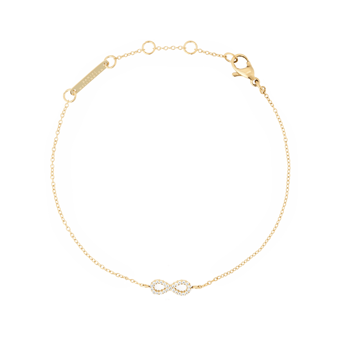 Delicate gold chain bracelet featuring an infinity symbol set with sparkling white cubic zirconia crystals, adjustable in length with a secure lobster clasp.