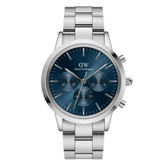 Iconic Chronograph Arctic S men's watch featuring a deep blue sunray dial, three chronograph sub-dials, and a polished silver stainless steel bracelet.