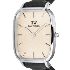 Close-up of the Marlon Sheffield Linen Silver men’s watch highlighting the rectangular stainless steel case, linen-textured beige dial, minimalist silver markers, and black leather strap.
