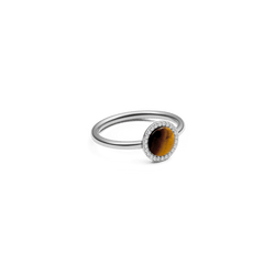 Audrey Ring Tiger Eye Silver with a slim silver band, featuring a round tiger eye gemstone framed by a halo of white cubic zirconia crystals.