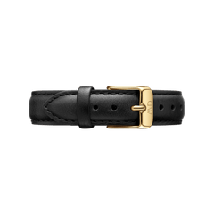 Sheffield Strap Gold in black leather with fine stitching and a gold buckle, offering a sleek and versatile accessory for modern and classic watches.