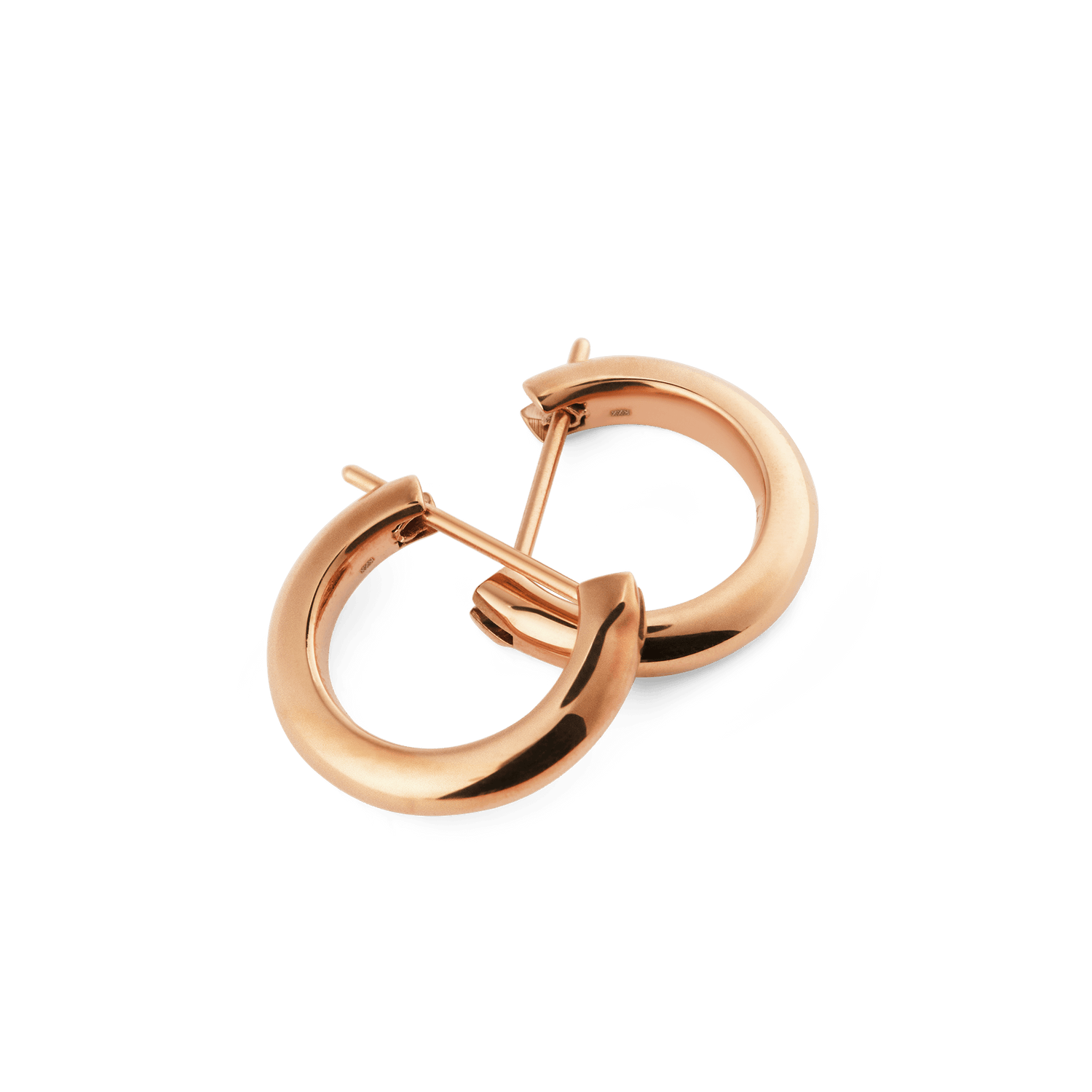 A pair of Arch Earring Rose Gold 9mm hoop earrings in polished rose gold, featuring a slim, rounded design with a secure pin closure and a smooth, modern finish.
