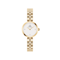 Elan Lumine Gold ladies watch with a petite 22mm gold case, white dial featuring crystal hour markers, and a classic three-link gold bracelet.