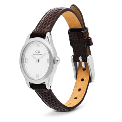 Ophelia Mini Dark Brown Lizard White Guilloché Silver watch with an oval polished silver case, white guilloché dial, Roman numerals, and adjustable brown lizard-embossed leather strap with a pin buckle.
