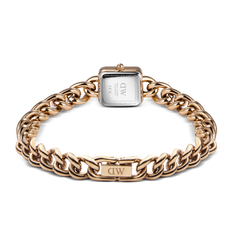 Back view of the Jolie Chain Rose Gold watch showing the stainless steel case back, chunky rose gold chain bracelet, and secure foldover clasp, highlighting the quality craftsmanship and adjustable design.