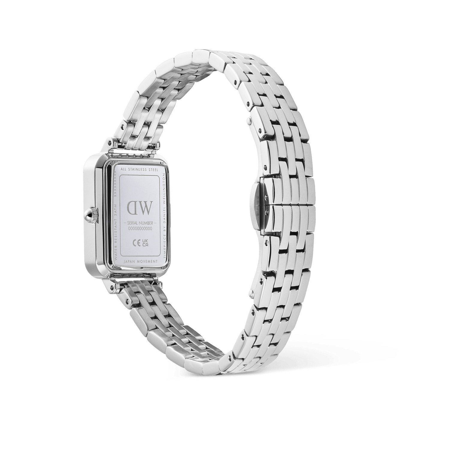 Rear view of the Quadro Roman Numerals Date 5-link Silver watch, showing the stainless steel case back, polished 5-link bracelet, butterfly clasp, and engraved details including serial number and Japanese movement.