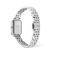Rear view of the Quadro Roman Numerals Date 5-link Silver watch, showing the stainless steel case back, polished 5-link bracelet, butterfly clasp, and engraved details including serial number and Japanese movement.