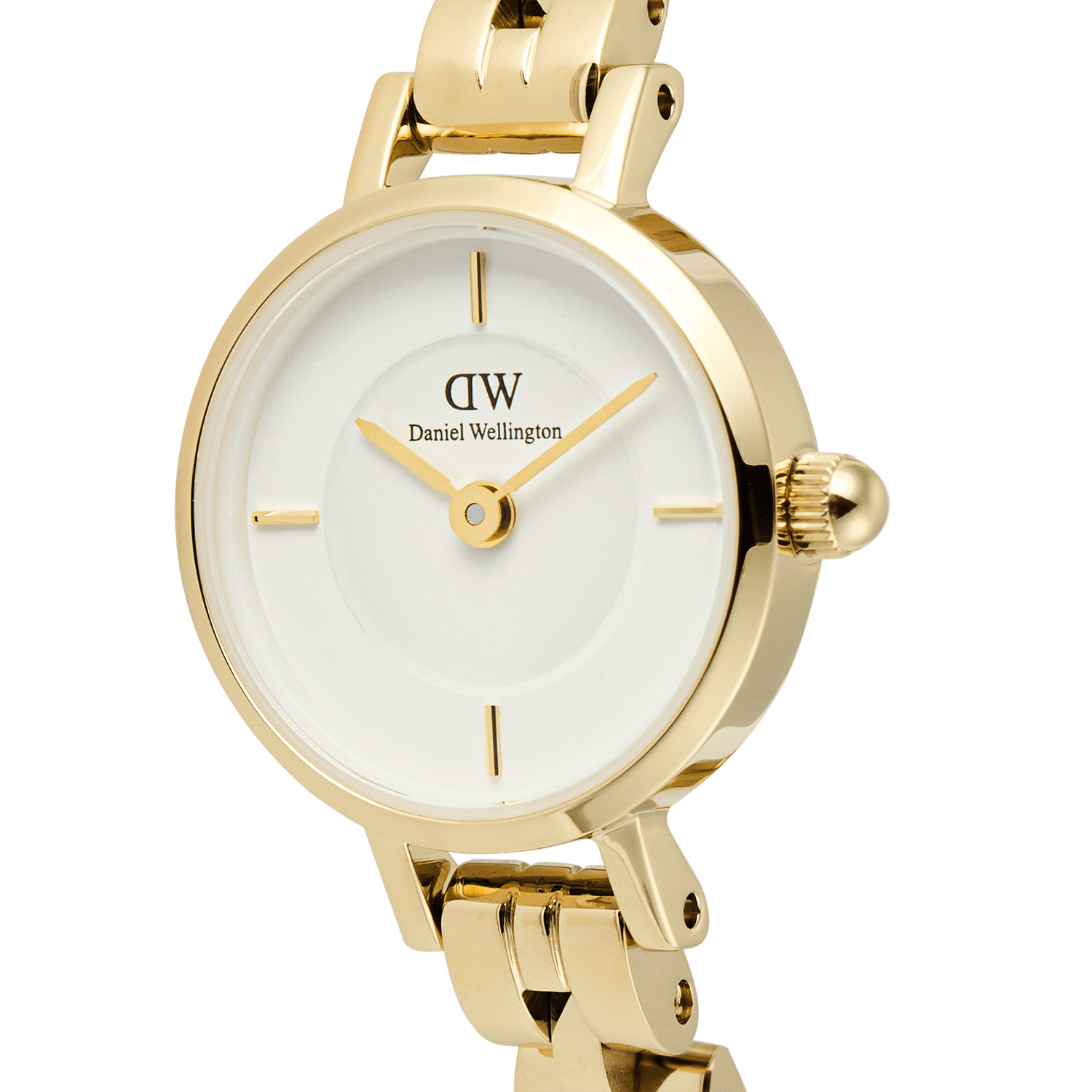 Close-up of the Petite Mini Arch 3-link White Gold watch, showing the crisp white dial, polished gold indices, and minimalist gold case with a slim three-link bracelet for a refined, modern style.