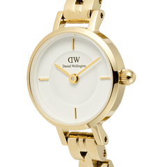 Close-up of the Petite Mini Arch 3-link White Gold watch, showing the crisp white dial, polished gold indices, and minimalist gold case with a slim three-link bracelet for a refined, modern style.