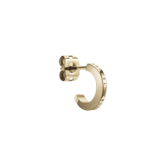 Elan Earrings Gold shown in close-up, featuring a polished gold huggie hoop with the Daniel Wellington logo engraved along the edge and a secure butterfly back for comfortable daily wear.