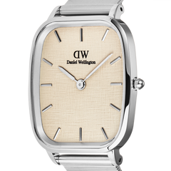 Close-up of the Marlon Wire Linen Silver men’s watch showing the rectangular stainless steel case, soft yellow linen-textured dial, minimalist hour markers, and polished silver finish.