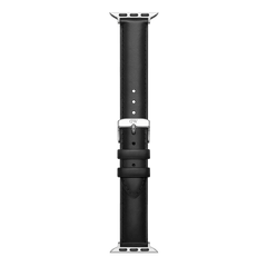 Smartwatch Strap Leather Silver designed for Apple Watch, featuring genuine black leather with neat stitching, adjustable holes, and silver hardware for a refined and comfortable fit.