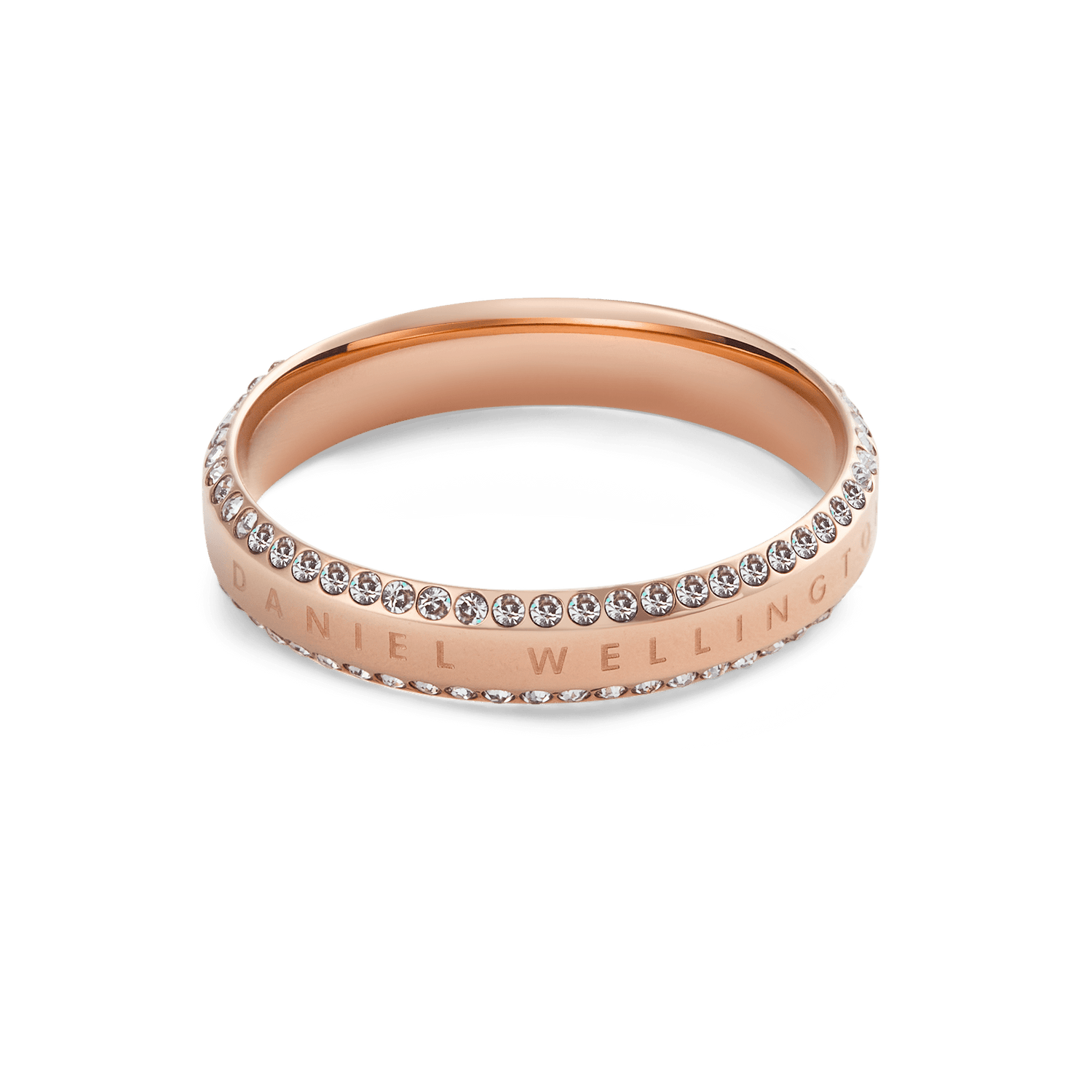 Classic Aura Duo Ring Rose Gold showcases a duo band design in rose gold with pavé-set white crystals and engraved branding, offering a sleek and contemporary style suitable for everyday jewellery collections.
