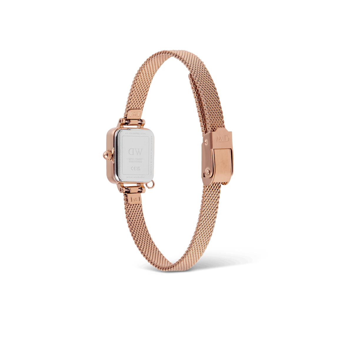Rear view of the Quadro Mini Crystal Zodiac Melrose Set watch, highlighting the polished rose gold mesh strap, secure clasp, and the engraved stainless steel case back.
