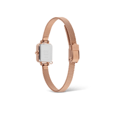 Rear view of the Quadro Mini Crystal Zodiac Melrose Set watch, highlighting the polished rose gold mesh strap, secure clasp, and the engraved stainless steel case back.