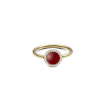 Gold ring with a round red agate stone at the centre, surrounded by a halo of white cubic zirconia crystals on a slim gold band.