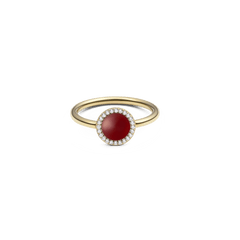 Gold ring with a round red agate stone at the centre, surrounded by a halo of white cubic zirconia crystals on a slim gold band.