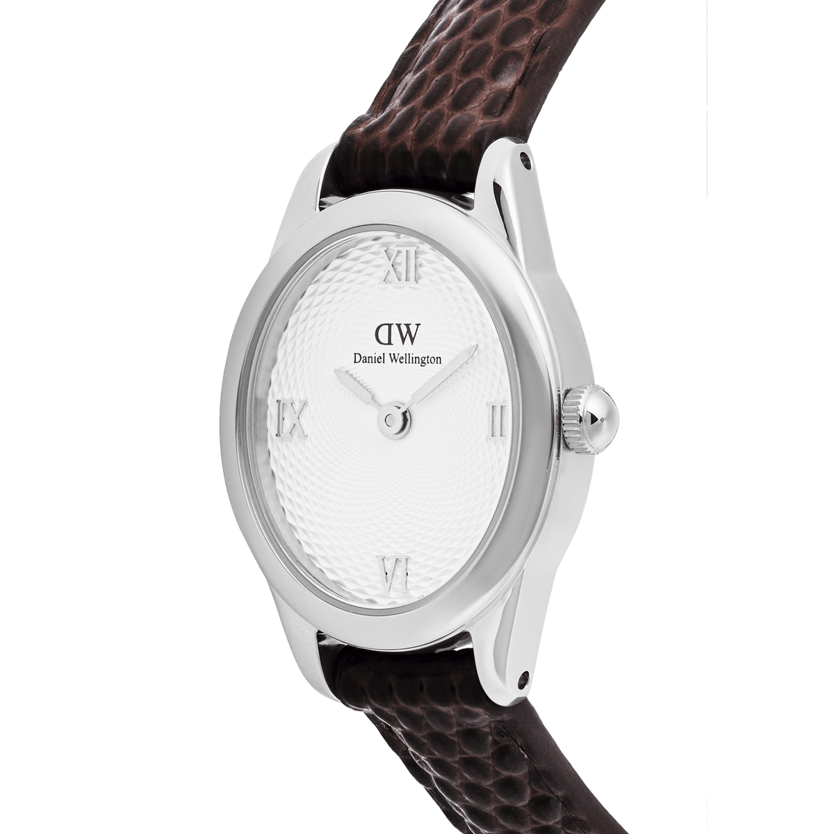 Close-up of the Ophelia Mini Dark Brown Lizard White Guilloché Silver watch, highlighting the polished oval silver case, textured white guilloché dial with Roman numerals, and the dark brown lizard-embossed leather strap.