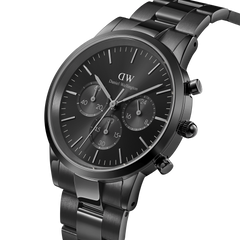 Iconic Chronograph Link Onyx B men's watch with a black stainless steel link bracelet, featuring a black sunray dial, three chronograph sub-dials, and minimalist hour markers.