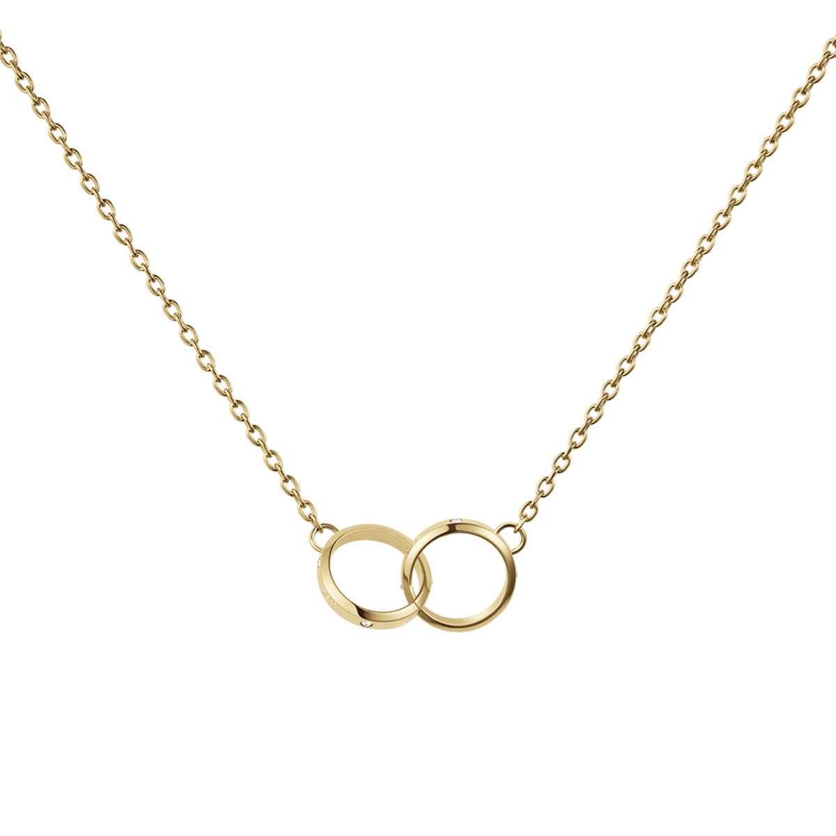 Classic Lumine Unity Gold necklace featuring a delicate gold chain and two minimalist interlocking rings as a pendant, shown against a plain background.