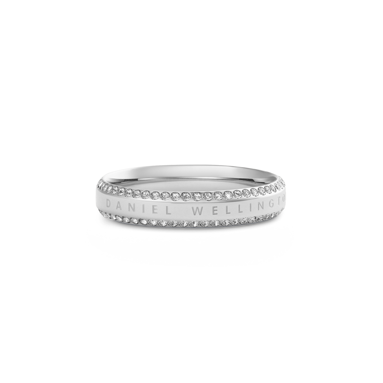 Classic Aura Duo Ring Silver with a sleek silver band, featuring two rows of white cubic zirconia crystals and engraved branding, designed for a refined and contemporary look.