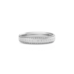 Classic Aura Duo Ring Silver with a sleek silver band, featuring two rows of white cubic zirconia crystals and engraved branding, designed for a refined and contemporary look.