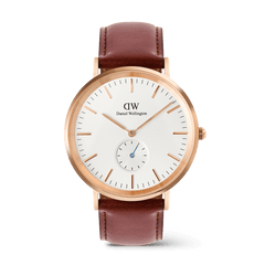 Classic Multi-Eye St Mawes Off-white Sunray Rose Gold men's watch featuring a rose gold round case, off-white sunray dial with triangular texture, blue-tinted sub-second hand, and a stitched brown leather strap with pin buckle closure.