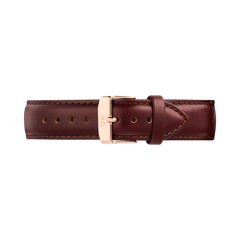 Brown leather watch strap with polished rose gold pin buckle, featuring subtle stitching and a tapered design suitable for men's watches.