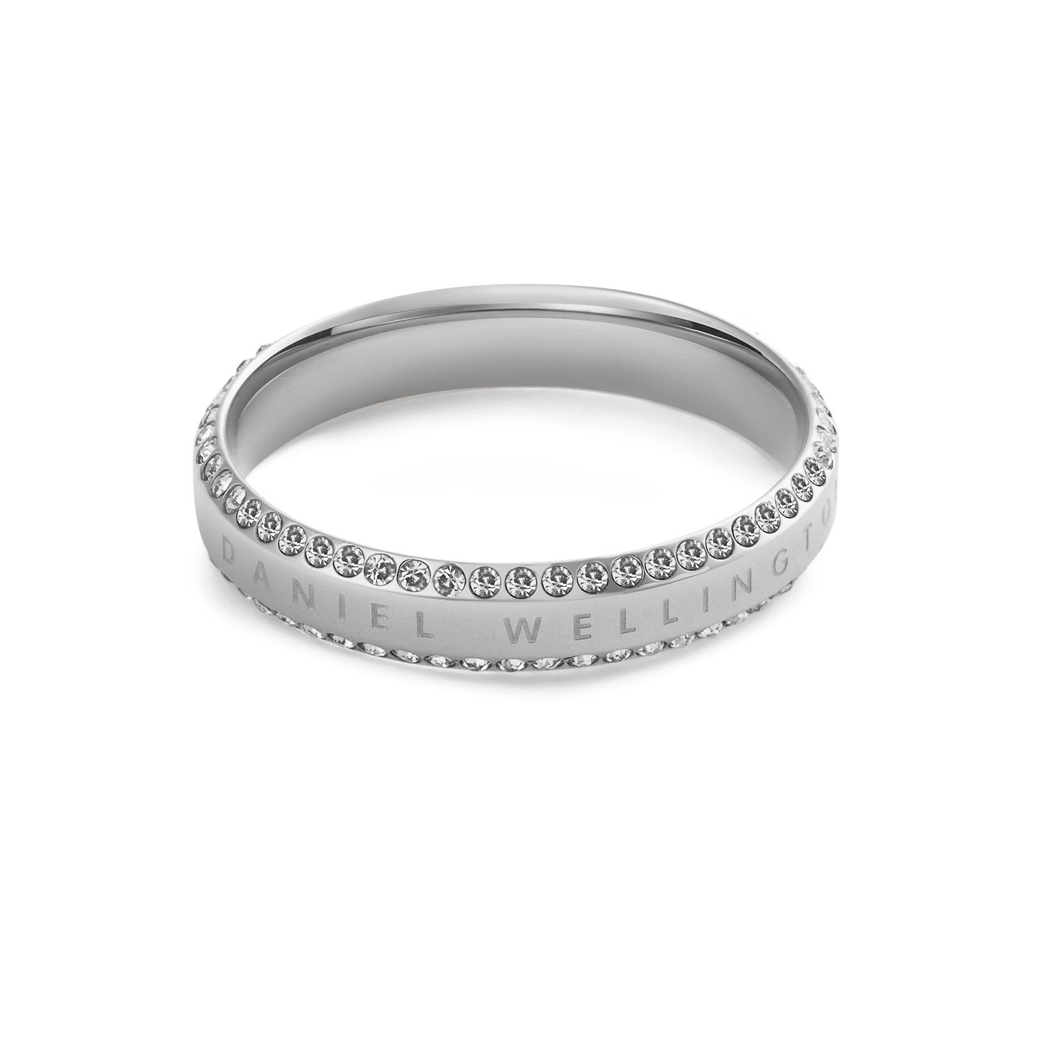 Classic Aura Duo Ring Silver with a polished silver band, featuring two rows of white cubic zirconia crystals and subtle engraved branding, ideal for a sophisticated and modern jewellery collection.