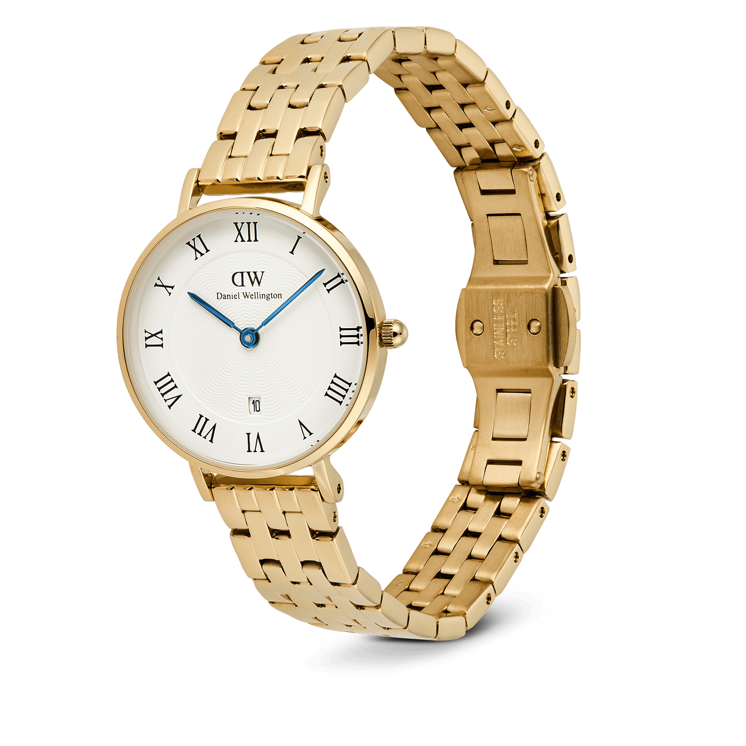 Petite Roman Numerals Date 5-link Gold ladies watch featuring a slim gold 5-link bracelet, white dial with Roman numerals, blue hands, guilloché texture, and a date window at 6 o’clock, shown with an open butterfly clasp.