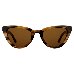 Cat eye sunglasses with a brown demi bio-acetate frame and amber lenses, featuring sculpted lines and a modern classic design for women.