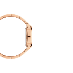 Side profile of the Iconic Link Unitone RG rose gold ladies watch, showing its slim case and seamless rose gold link bracelet, ideal for a comfortable and elegant fit.