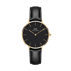 Petite Sheffield Black Gold ladies watch featuring a 32mm round black dial with slim gold markers, polished gold stainless steel case, and a genuine black leather strap, showcasing minimalist elegance suitable for both formal and casual wear.