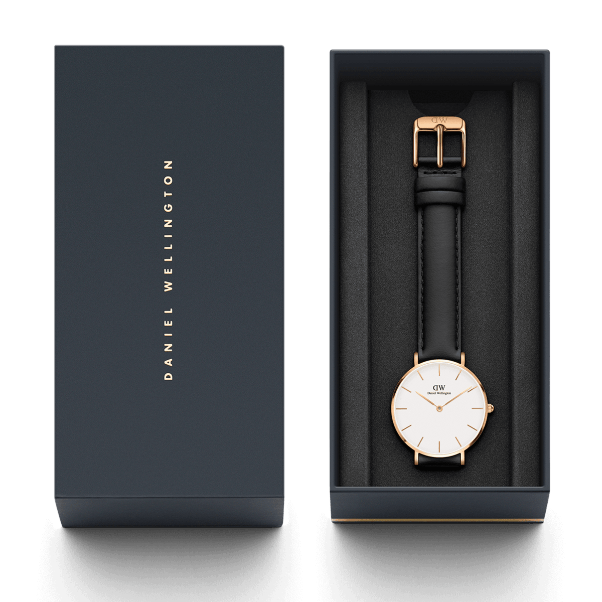 Petite Sheffield Rose Gold ladies watch with a white dial, rose gold case, and black leather strap, elegantly presented in a branded Daniel Wellington gift box.
