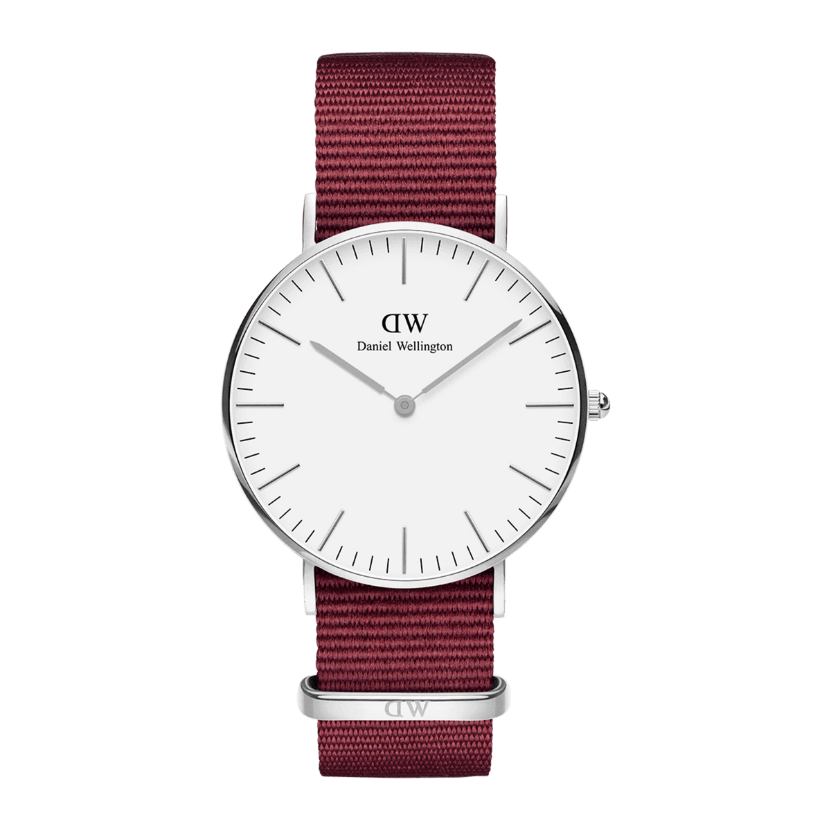 Classic Roselyn Silver watch with a stainless steel case, eggshell white dial, slim silver hour markers, and a deep ruby red NATO strap for a modern, versatile look.