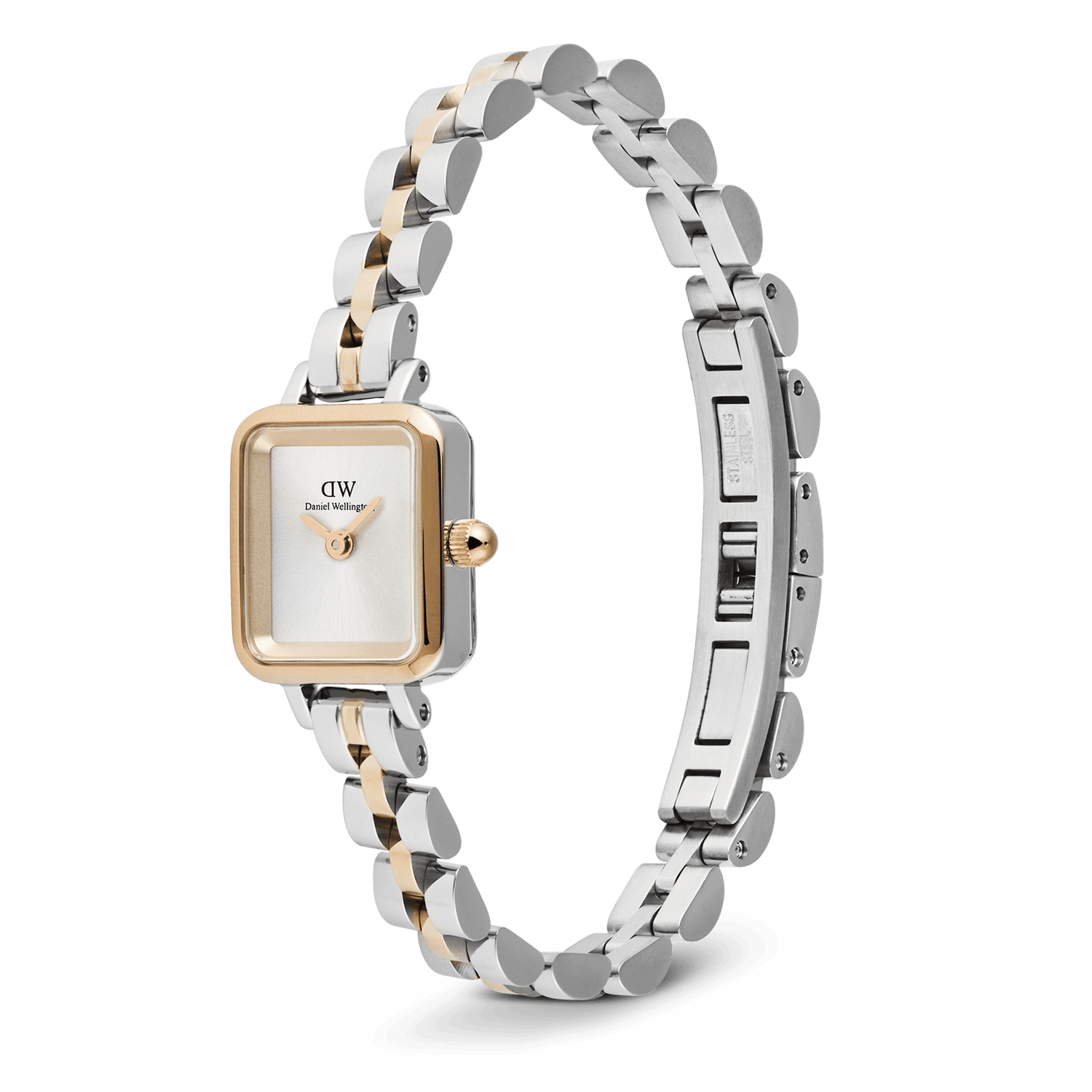 Quadro Mini Arch 3-Link Two Tone Rose Gold ladies watch featuring a slim rectangular case, minimalist white dial, and a polished silver and rose gold 3-link bracelet with a secure butterfly clasp.