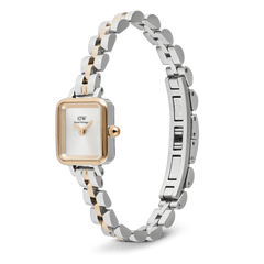 Quadro Mini Arch 3-Link Two Tone Rose Gold ladies watch featuring a slim rectangular case, minimalist white dial, and a polished silver and rose gold 3-link bracelet with a secure butterfly clasp.
