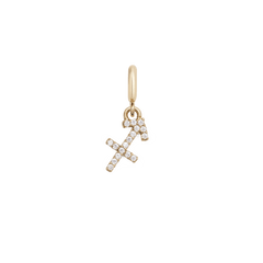Gold Sagittarius zodiac watch charm with sparkling cubic zirconia crystals, featuring an arrow symbol in a secure claw setting for versatile styling on watches, bracelets, or layered jewellery.