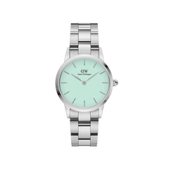 Silver ladies watch with a mint green dial, minimalist hour markers, and a polished stainless steel bracelet, showcasing the modern and distinctive style of the Iconic Link Mint Silver.