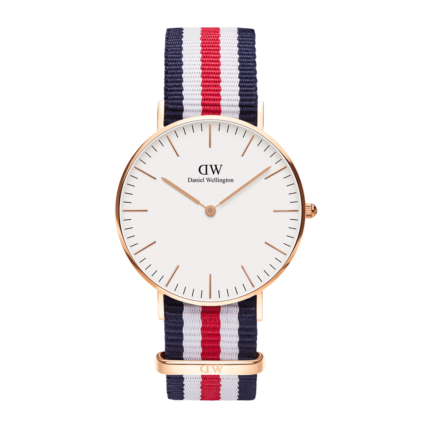 Classic Canterbury Rose Gold watch featuring a slim rose gold case, minimalist eggshell white dial, and a blue, white, and red striped NATO strap, designed for both men and women.