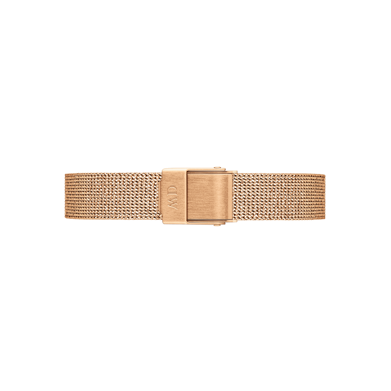 Rose gold mesh watch strap with a pressed pattern and a polished fold-over clasp, designed for petite watches and offering a slim, elegant profile.