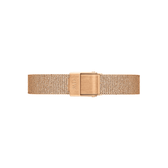 Rose gold mesh watch strap with a pressed pattern and a polished fold-over clasp, designed for petite watches and offering a slim, elegant profile.