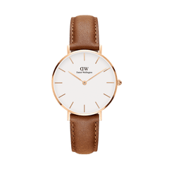 Petite Durham Rose Gold ladies watch with a minimalist eggshell white dial, rose gold case, and light brown leather strap, designed for everyday elegance and comfortable wear.