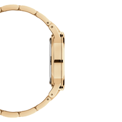 Side profile of the Iconic Link Emerald Gold watch highlighting its slim gold-plated stainless steel case and bracelet, designed for a comfortable fit on the wrist.