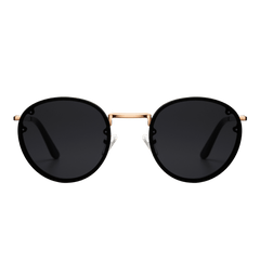 Arch Steel Black sunglasses with round black nylon lenses, rose gold plated stainless steel frame, and slim black arms, designed for UV400 protection and minimalist style.
