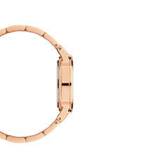Side profile of the Iconic Link Pink Rose Gold ladies watch, showing the slim rose gold stainless steel case and link bracelet.
