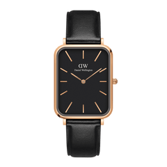 Quadro Pressed Sheffield B 29x36,5 Rose Gold featuring a rectangular black dial, rose gold-plated stainless steel case, and slim black leather strap, designed for a refined and versatile ladies watch.