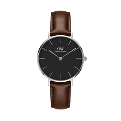 Daniel Wellington Petite Bristol Black Silver watch featuring a minimalist black dial, polished silver case, and a dark brown genuine leather strap with subtle stitching.